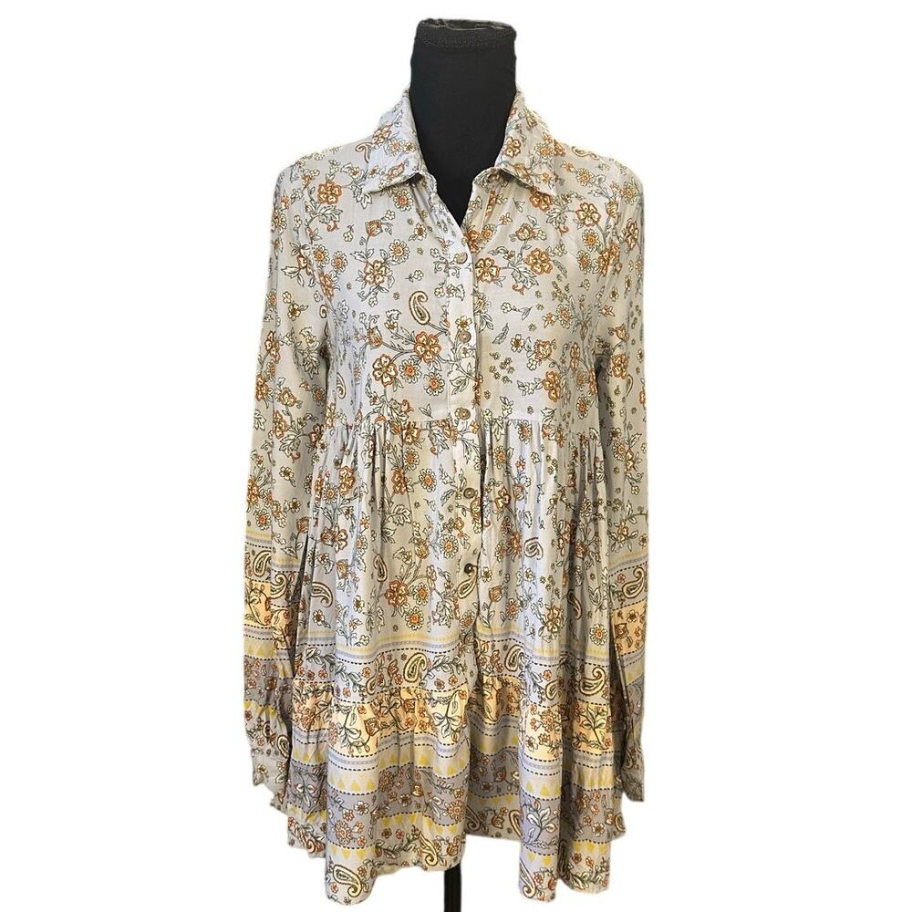 Boho Babydoll Tunic Dress Floral Cottagecore Peasant Mini Dress Size M - Picture 2 of 8